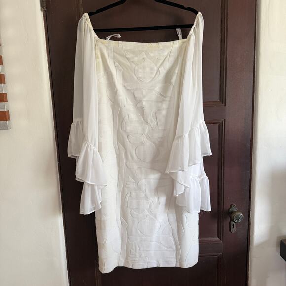 JOSEPH RIBKOFF | White Off Shoulder Sheath Dress Chiffon Ruffle Bell Sleeves 12 - Picture 2 of 6